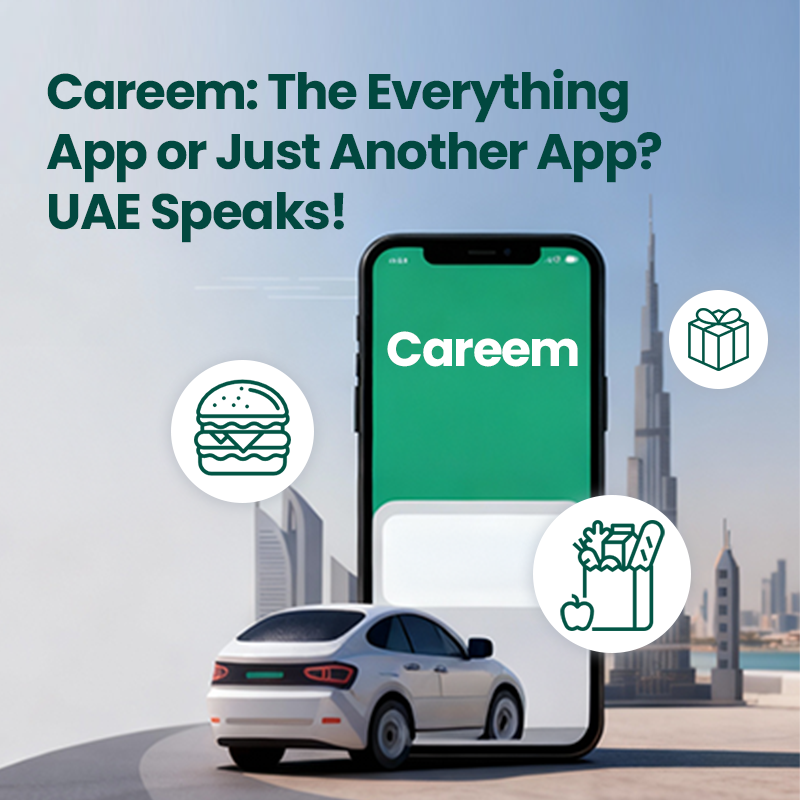Careem App UAE banner showing the everything-app concept with car, icons, and city backdrop.