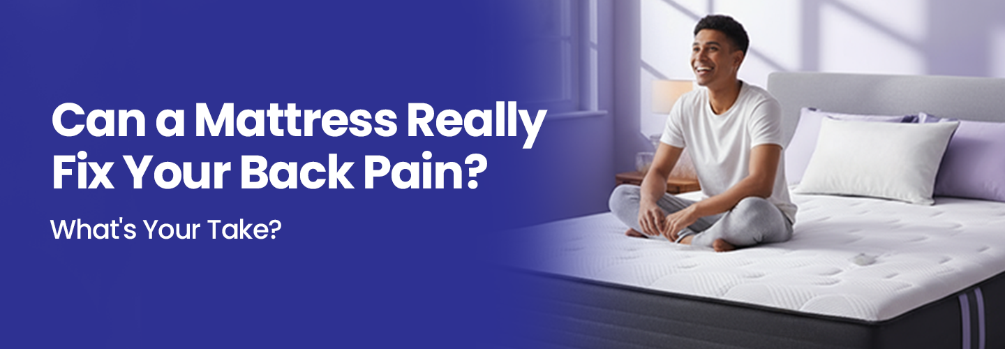 Person sitting on a Wakefit bed with text asking if a mattress can fix back pain.