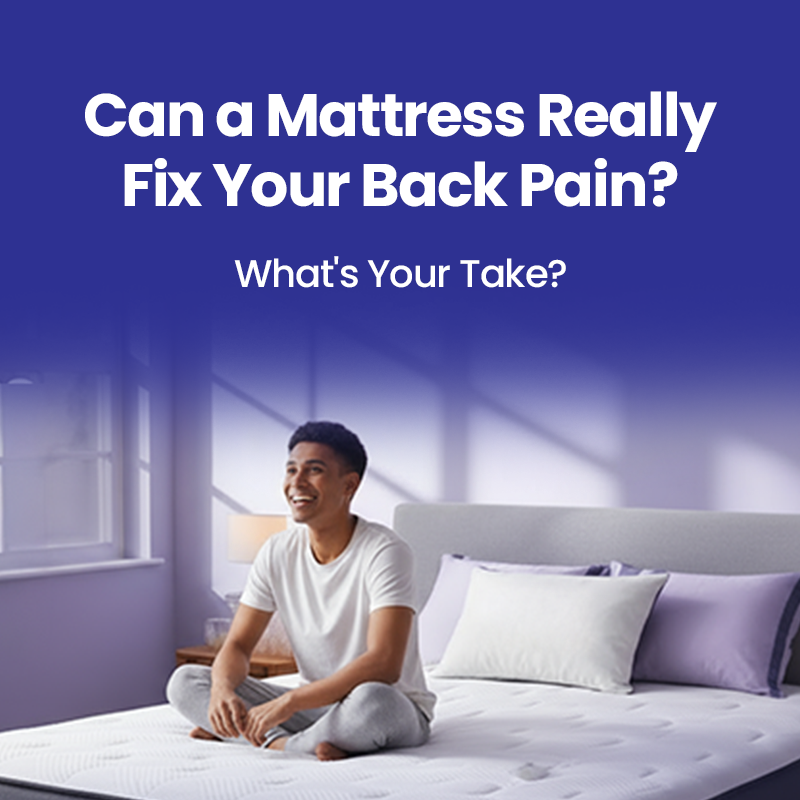 Person sitting on a Wakefit bed with text asking if a mattress can fix back pain.